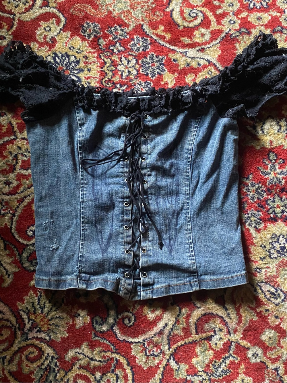 Handmade Denim Corset Off the shoulder top with black lace puffed sleeves size S